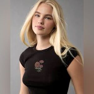 New American Eagle Pointelle Flower Tee Large Black